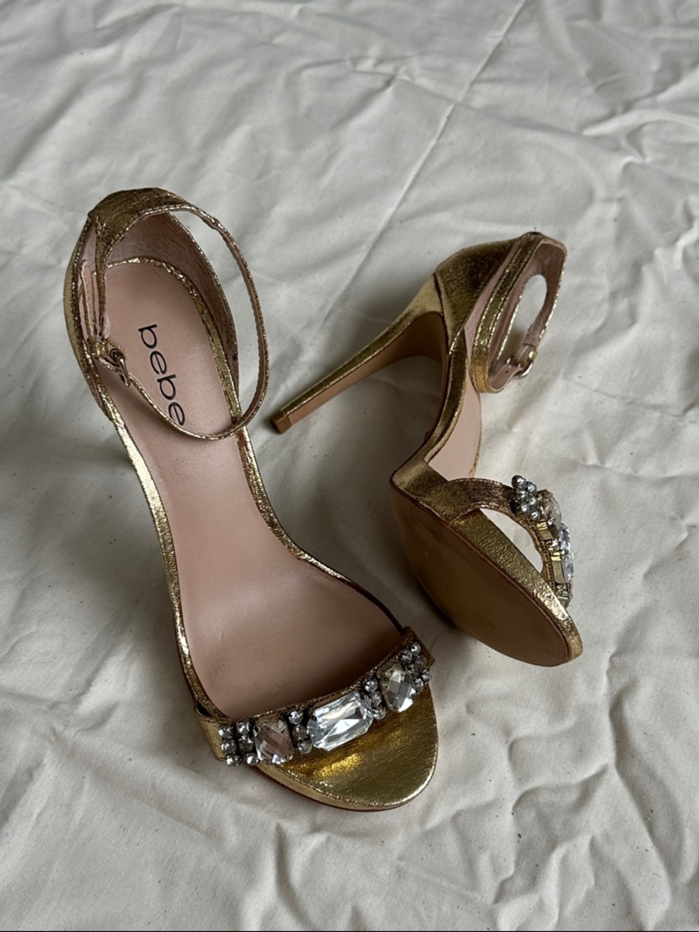 bebe Metallic Gold Jeweled Ankle-Strap Stilettos